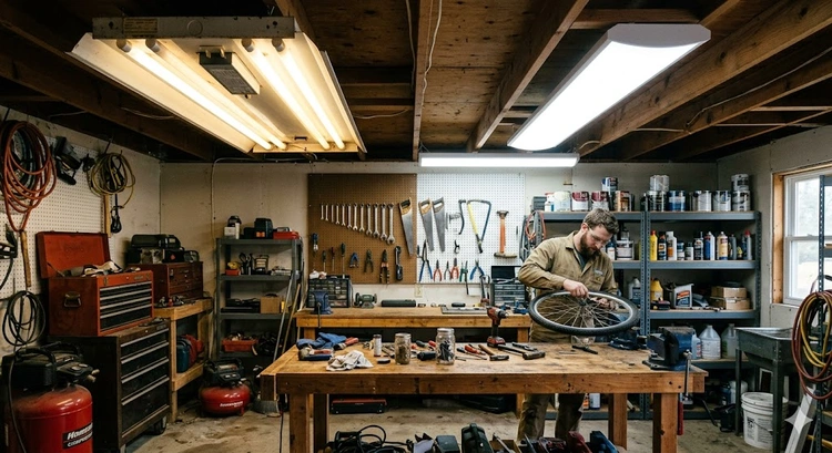 LED shop light panel mounted in garage ceiling next to T8 fluorescent tube fixture for direct comparison