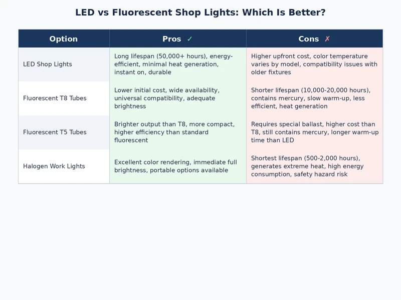 Comparison diagram of LED vs fluorescent shop light retrofit options, maintenance timelines, and ten-year cost breakdown