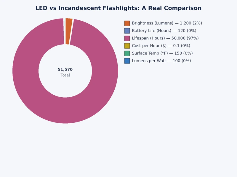 Bar chart comparing LED vs incandescent flashlight efficiency, runtime, and lumen output across common battery configurations