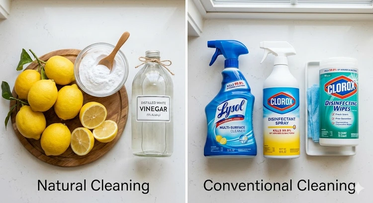 Natural cleaning products vs chemical cleaners arranged side by side on a kitchen counter