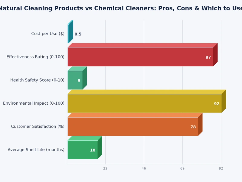 Bar chart comparing natural cleaning products vs chemical cleaners across efficacy, safety, cost, and environmental impact
