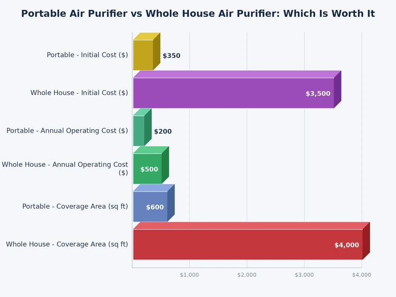 Bar chart comparing portable vs whole house air purifier coverage, cost, and maintenance requirements