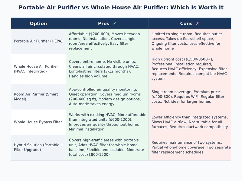 Comparison diagram showing portable air purifier room coverage versus whole house system ductwork coverage