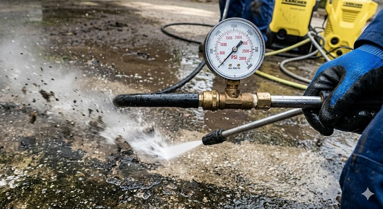 Person pressure washing a concrete driveway at the correct PSI level and nozzle distance