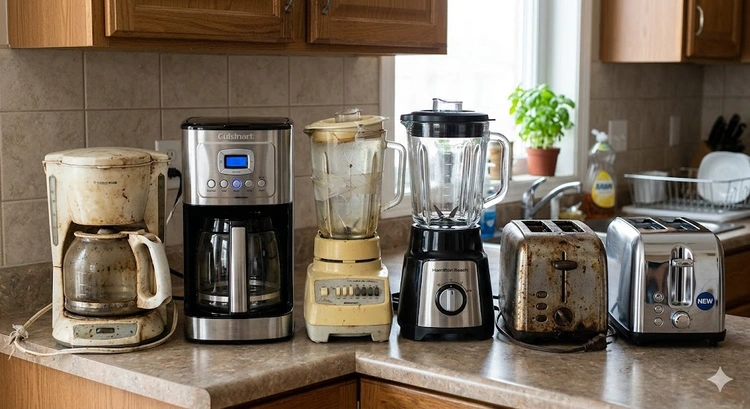 Propane mushroom heater and electric infrared panel side by side on a covered outdoor patio deck