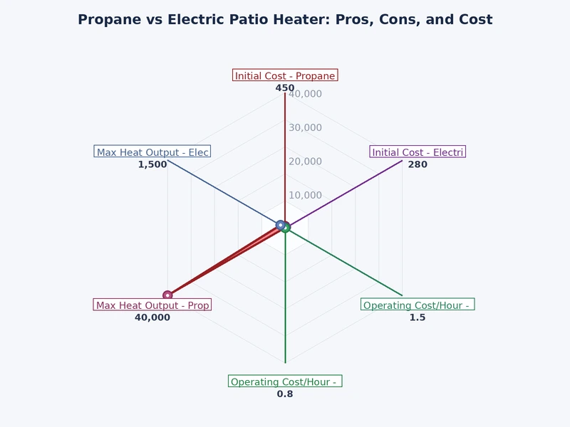 Bar chart comparing propane vs electric patio heater BTU output, operating cost per hour, and installation cost
