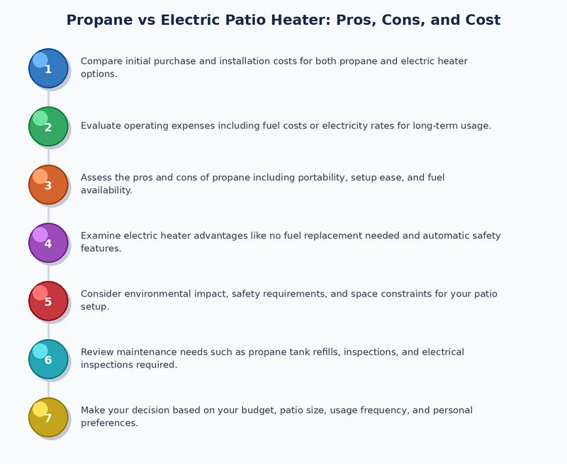 Decision flowchart for choosing between propane and electric patio heater based on patio type and electrical access