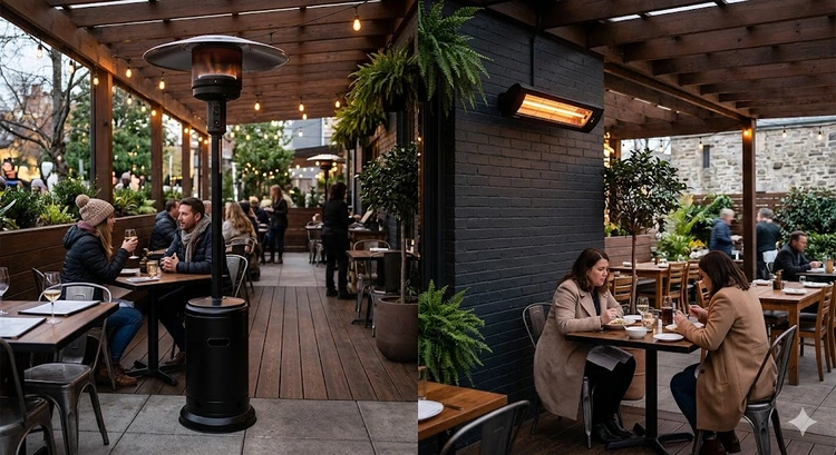 Propane vs electric patio heater side by side on a backyard patio