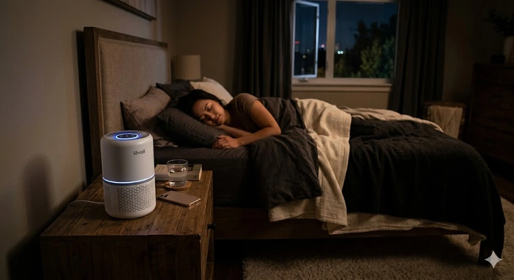 quietest air purifier for bedroom placed on a nightstand beside a lamp in a softly lit sleeping room