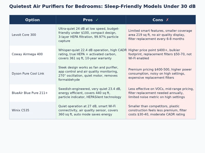 comparison of quietest air purifier for bedroom models showing noise levels CADR ratings and price tiers