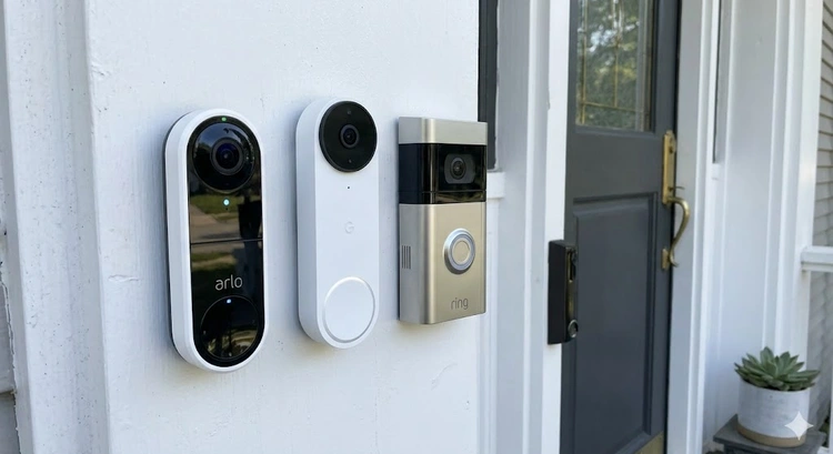 Ring vs Nest vs Eufy video doorbell units mounted side by side on a front porch for comparison
