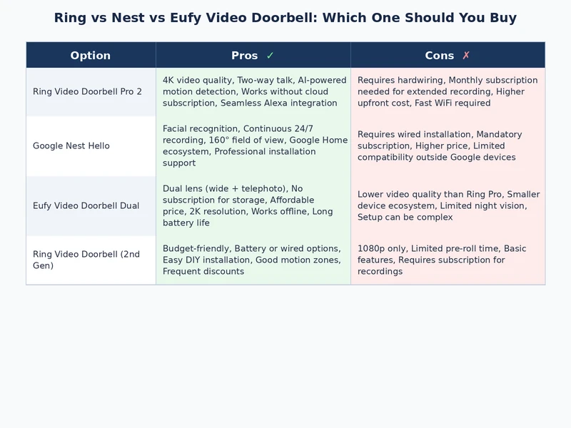 Comparison chart showing Ring, Nest, and Eufy video doorbell specifications side by side