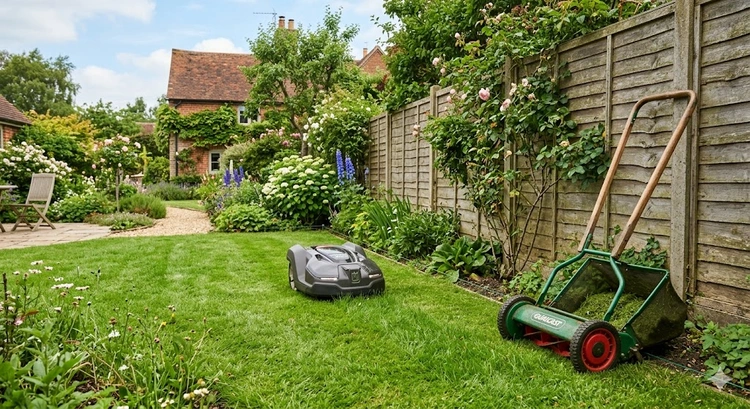 Robot lawn mower vs push mower side by side on a residential lawn