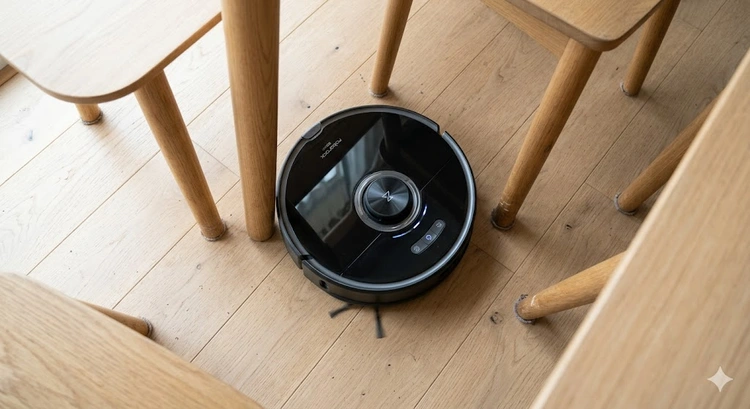 Robot vacuum buying guide overview showing a robot vacuum cleaning a hardwood floor near furniture
