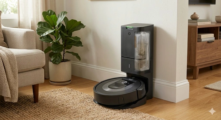 Self-empty robot vacuum base docked with robot vacuum on hardwood floor