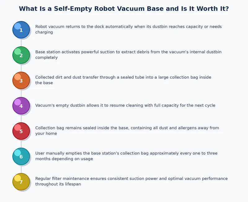 Step-by-step diagram showing the self-emptying process from robot docking to sealed bag storage