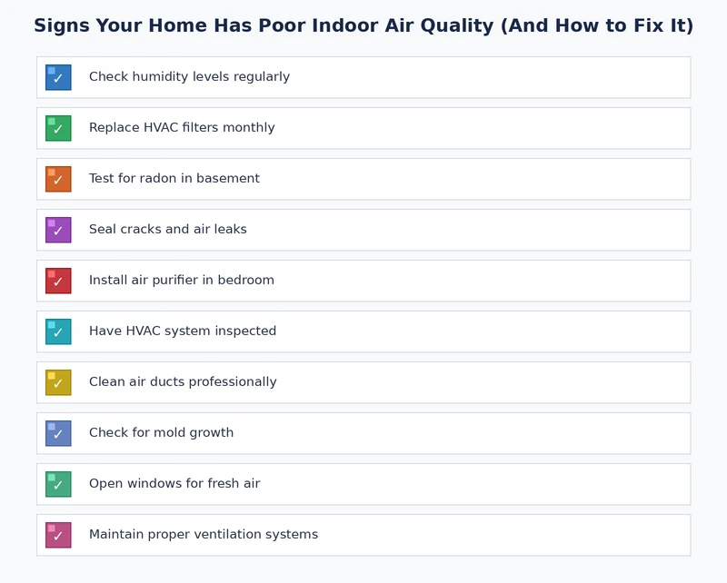 Indoor air quality maintenance checklist covering filter changes, humidity monitoring, and ventilation verification steps