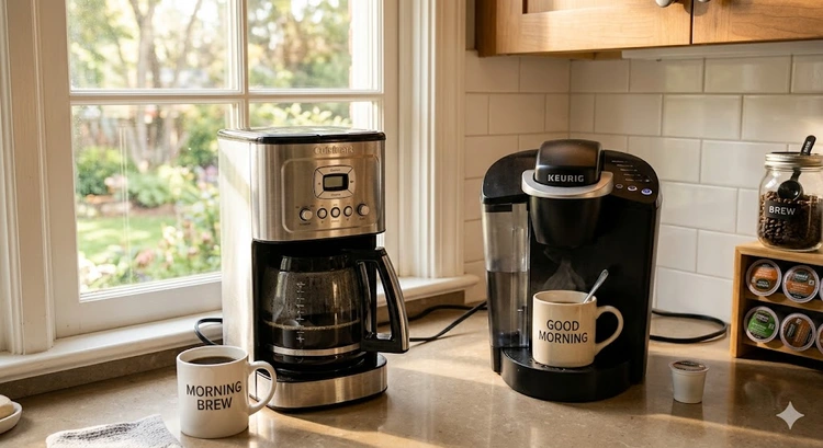 single serve coffee maker vs drip coffee maker placed side by side on a kitchen counter