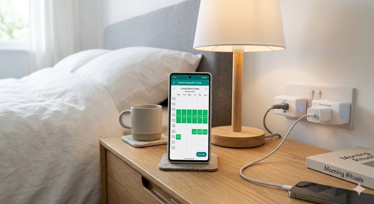 Smart plug with timer schedule displayed on a phone app to save electricity