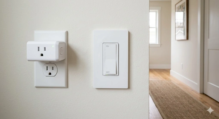 Smart plug next to a smart switch showing the smart plug vs smart switch difference in form factor