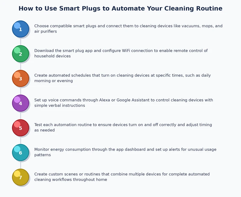 Process diagram showing smart plug cleaning automation chain from morning trigger to device sequence