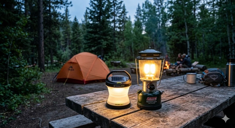 solar lantern vs battery lantern camping comparison at a tent site in a forest