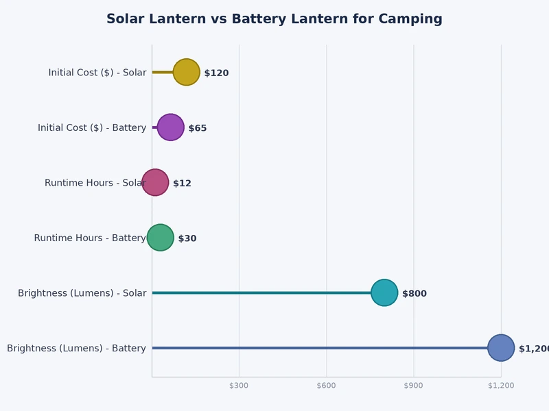 comparison chart of solar lantern vs battery lantern camping across runtime brightness weight and cost metrics