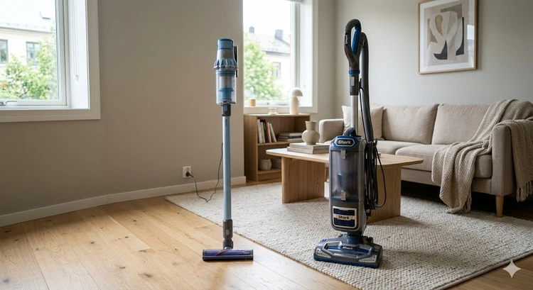 Stick vacuum and upright vacuum side by side in a small apartment living room