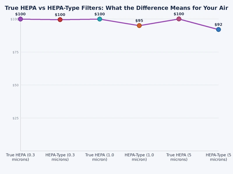 Chart comparing filtration efficiency percentages of True HEPA vs HEPA-type filters across particle sizes