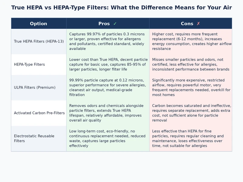 Comparison diagram of True HEPA vs HEPA-type filter construction and particle capture efficiency