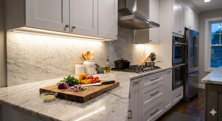 Under-cabinet lighting for kitchen countertop illuminating food prep area with LED strip lights