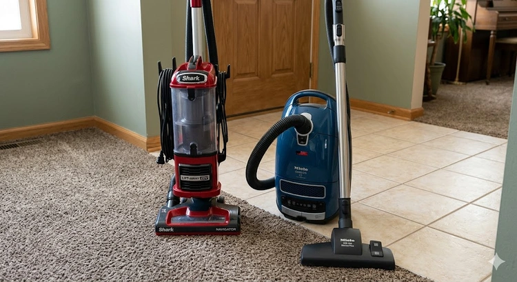 Upright vs canister vacuum side by side on hardwood floor