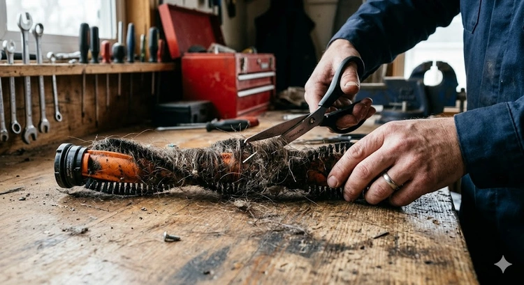 Tangled hair wrapped around a vacuum brush roll before cleaning and fix