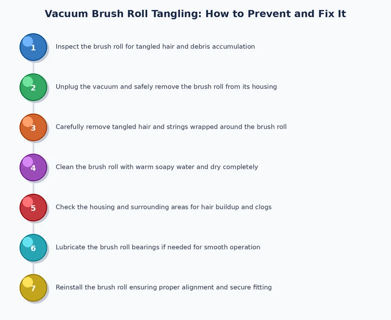 Step-by-step process diagram for removing tangled hair from a vacuum brush roll