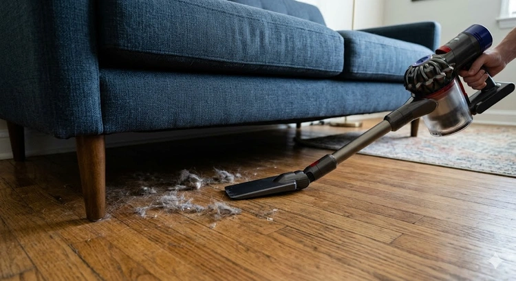 Demonstration of how to vacuum under furniture using a low-profile stick vacuum beneath a sofa