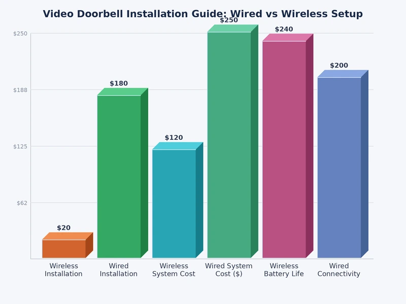 Chart comparing wired and wireless video doorbell features including power source, recording type, and installation difficulty
