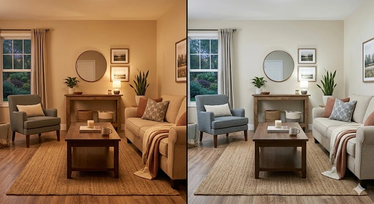 warm white vs cool white light bulbs for home shown side by side in a residential living room and kitchen