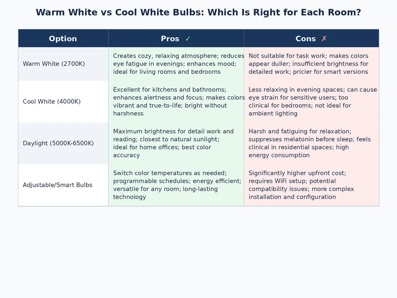 comparison chart of warm white vs cool white light bulb Kelvin ranges mapped to room function for home use