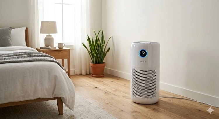 where to place air purifier in room — floor placement diagram showing recommended clearance distances from walls and furniture