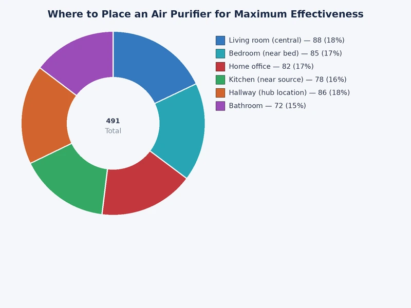 bar chart comparing effective CADR retention by air purifier placement position — central open floor vs. near wall vs. corner vs. behind furniture