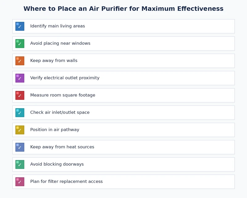 air purifier placement checklist covering clearance distances, height selection, source proximity, and HVAC vent avoidance