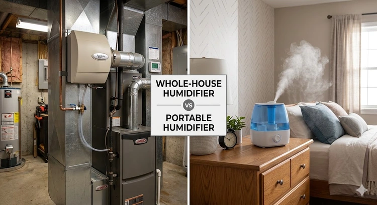 Whole house humidifier vs portable humidifier comparison showing bypass unit and console evaporative unit