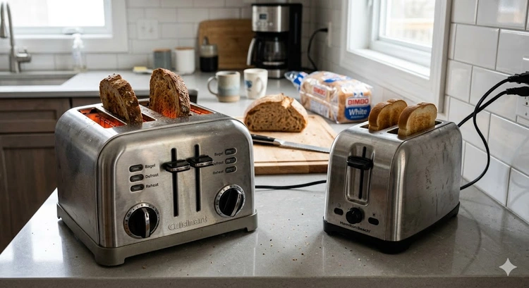 Wide slot toaster vs 2 slice toaster displayed side by side on a modern kitchen counter
