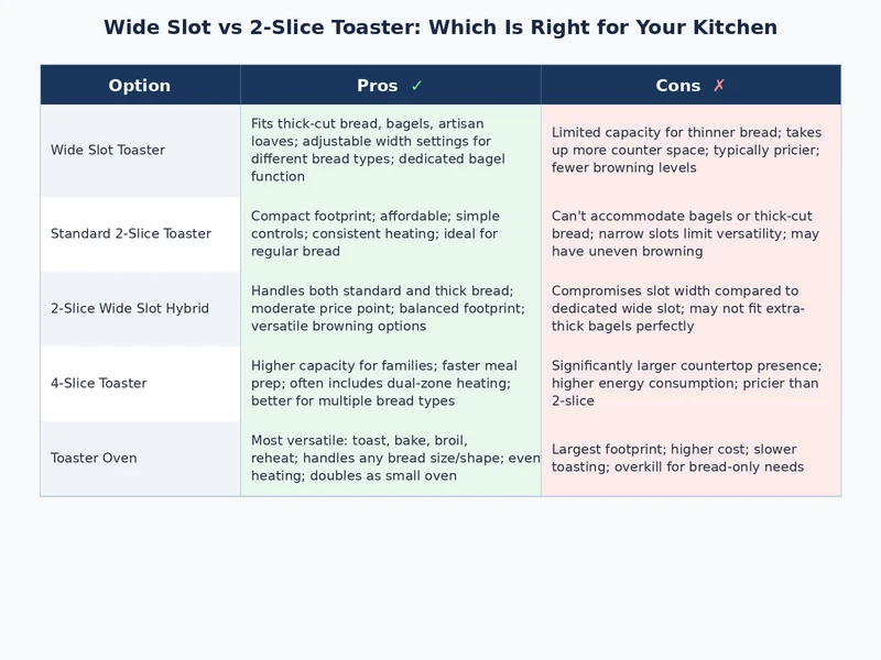 Comparison diagram of wide slot vs 2 slice toaster showing slot dimensions and bread type compatibility