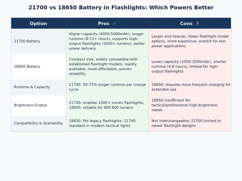 21700 vs 18650 flashlight battery comparison chart showing capacity and runtime specs