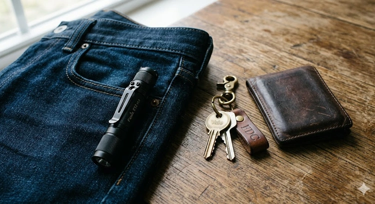 EDC flashlight compact everyday carry light on a wooden surface