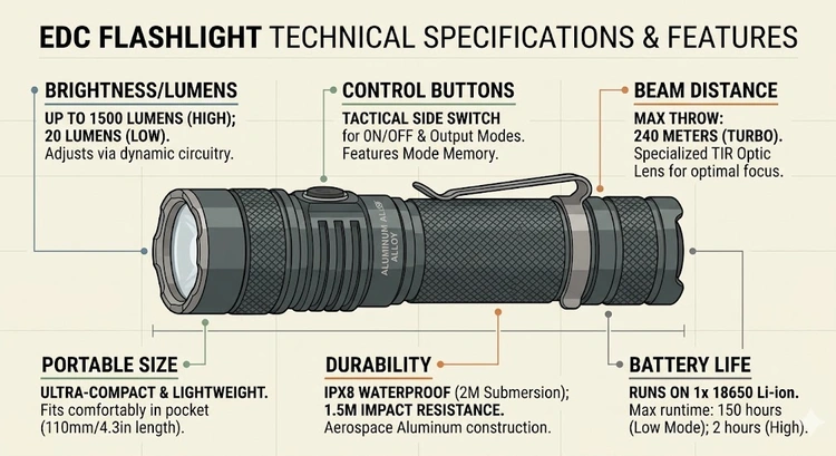 EDC flashlight buying guide infographic showing key specs and form factors