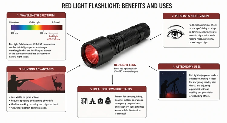 Infographic summarizing flashlight red light mode use cases, dark adaptation science, and buying tips