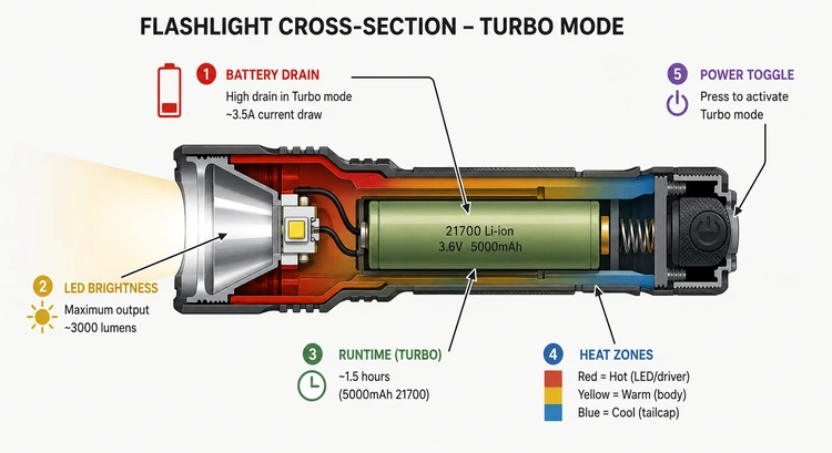 infographic showing the three phases of flashlight turbo mode: burst, thermal stepdown, and sustained output