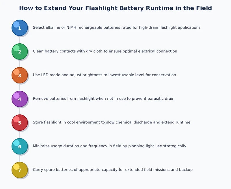 Process diagram illustrating steps to extend flashlight battery life through mode management, battery selection, and proper storage